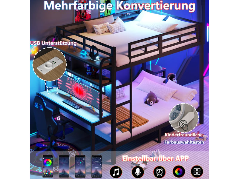  Lit superposé en métal 140x200 cm avec bureau, rangement, led, usb, garde-corps, échelle, noir evarich - Conforama D