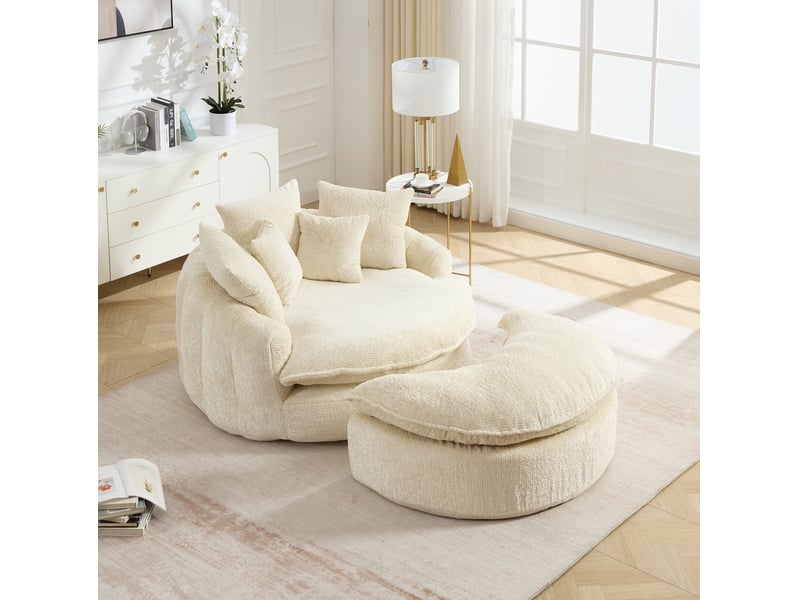  Fauteuil lounge large avec repose-pieds et coussins beige evryae  - Conforama C