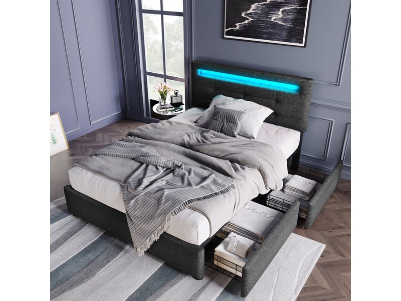  Lit avec tiroirs 90x200 cm, lit simple en lin gris avec 2 tiroirs, led et tête réglable, sans matelas  - Conforama C