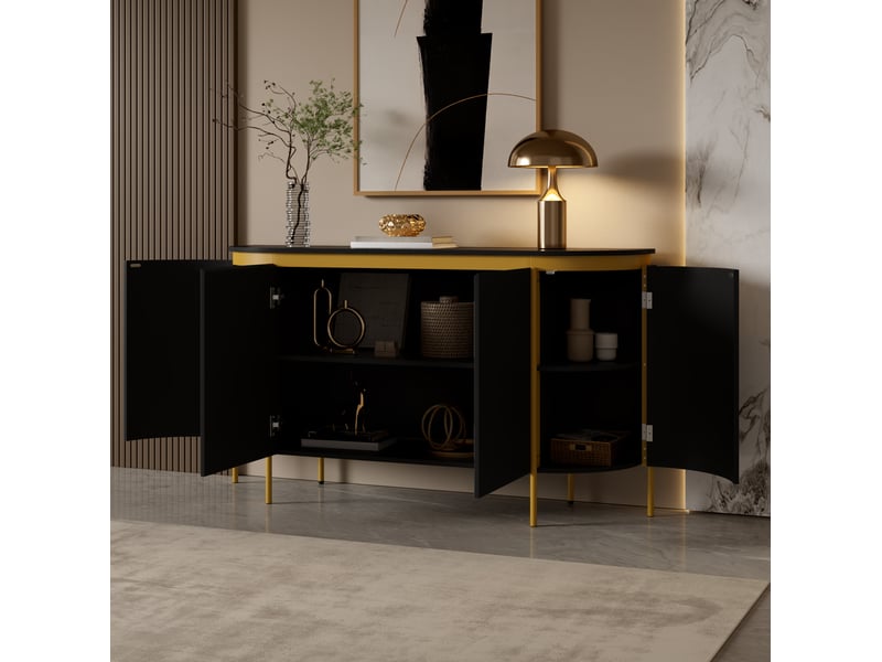  Buffet 140x38x80 cm 4 portes sans poignées en mdf noir  - Conforama E