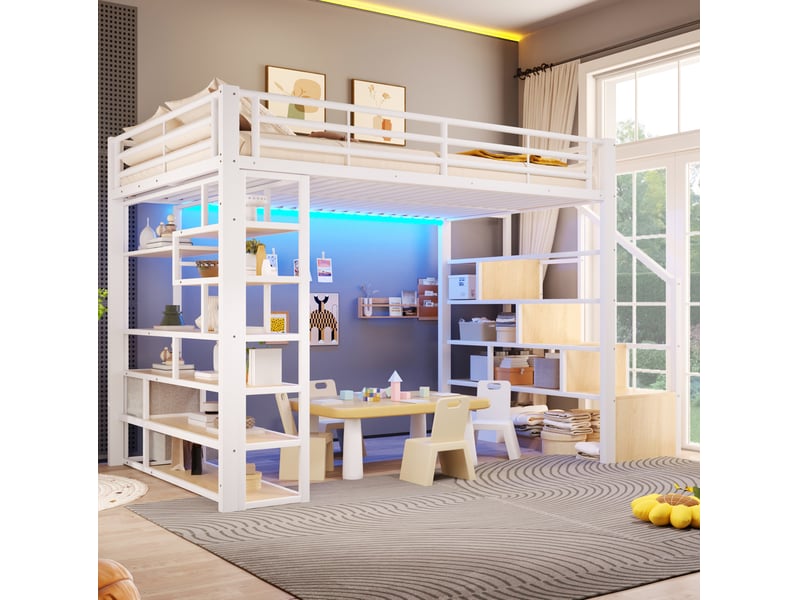 Lit mezzanine enfant 140x200 avec rangements et led blanc evryae  - Conforama B