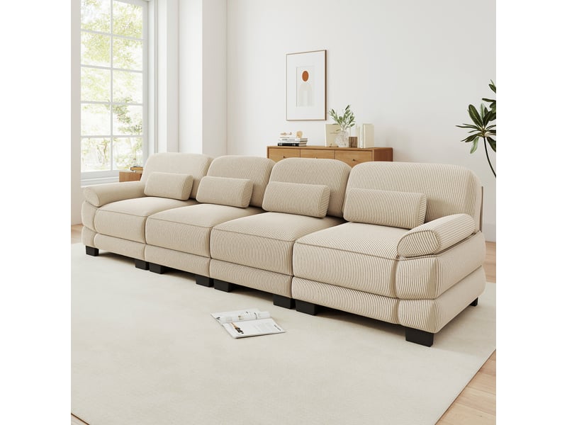 Canapé droit modulable 336 cm 4 places, design carré épuré, base et accoudoirs à matelassage en canaux, coussin lombaire, velours côtelé, beige - Conforama B