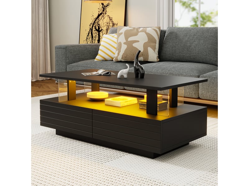 Table basse led noire en acrylique avec 2 tiroirs, contrôle par application bluetooth, 100x50x42 cm - Conforama C