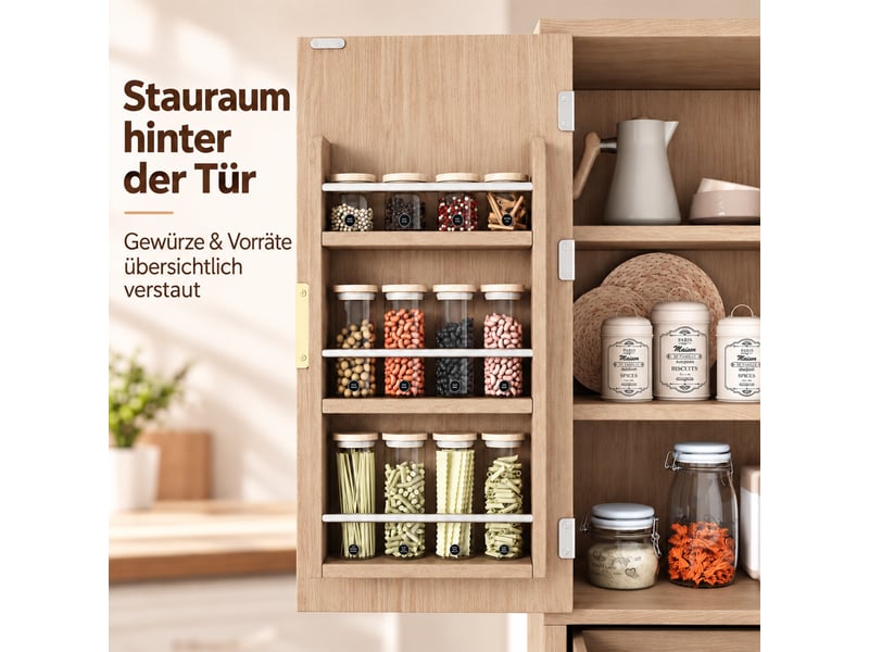  Armoire de rangement cuisine 76x40x180 cm effet bois, meuble haut avec portes et tiroirs, étagères réglables pour vaisselle et provisions, rangement  - Conforama E