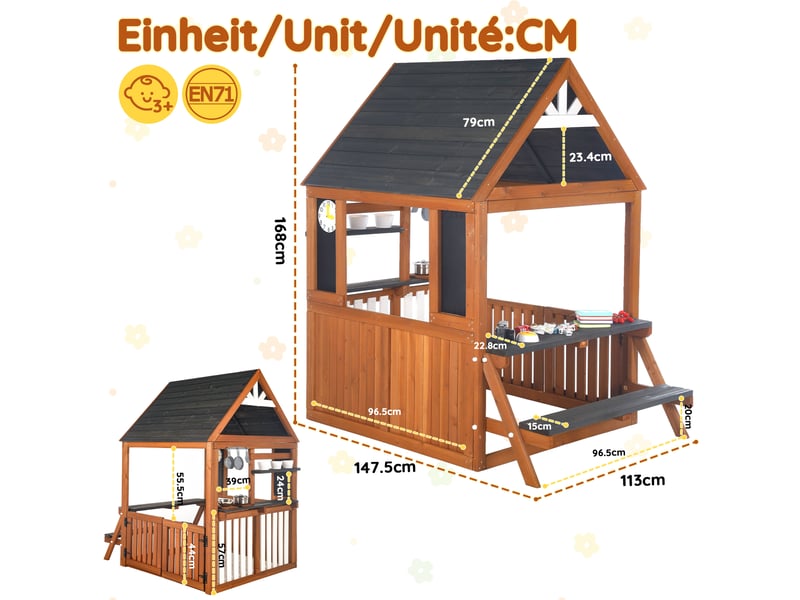  Cuisine enfant extérieure en bois, cabane de jeu avec accessoires, horloge, pots de fleurs, clôture ouvrante et espace cuisine pour enfants dès 3 ans  - Conforama C