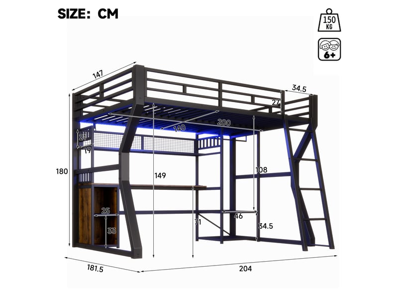 Lit mezzanine 140 x 200 cm en métal et mdf avec bureau, éclairage, prise, noir - Conforama C