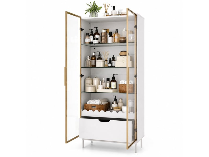  Vitrine avec porte vitrée, étagères réglables et tiroir, pieds en métal pour salon, chambre ou entrée, blanc doré  - Conforama A