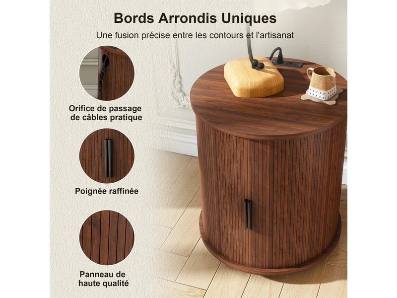 Table de chevet ronde pivotante avec station de charge intégrée, 2 niveaux de rangement et roulettes freinables - Conforama D