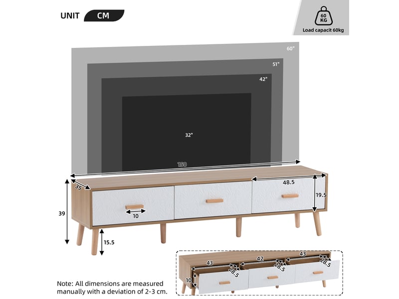  Meuble tv bas blanc et bois, style vintage avec trois tiroirs, meuble tv 150 cm pour grand écran, salon ou chambre  - Conforama C