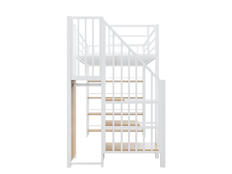  Lit mezzanine 90x200 cm blanc, escalier sécurisé, armoire, étagères, rangements et barrières hautes  - Conforama E