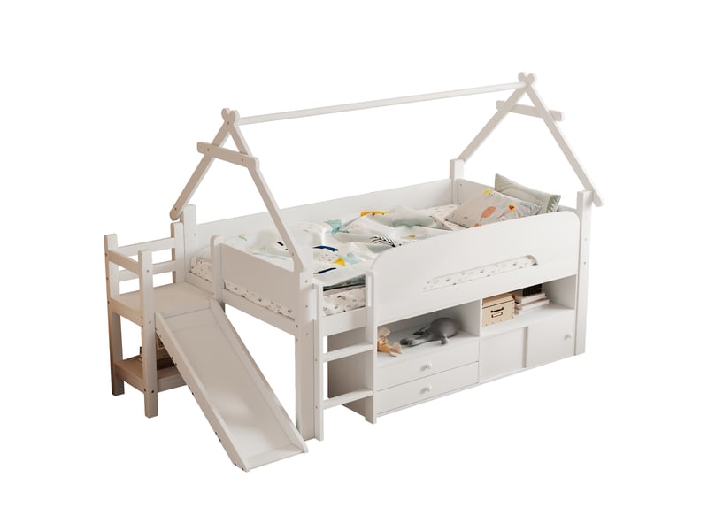  Lit mezzanine enfant 90x200 cm, cadre en forme de toit, toboggan, tiroirs, barrière, blanc  - Conforama A