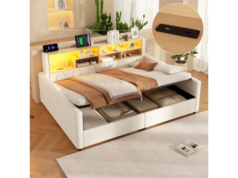  Canapé-lit coffre 140 x 200 cm - avec prise électrique - avec port usb - avec bande lumineuse led - tissu velours - beige (matelas non inclus)  - Conforama D