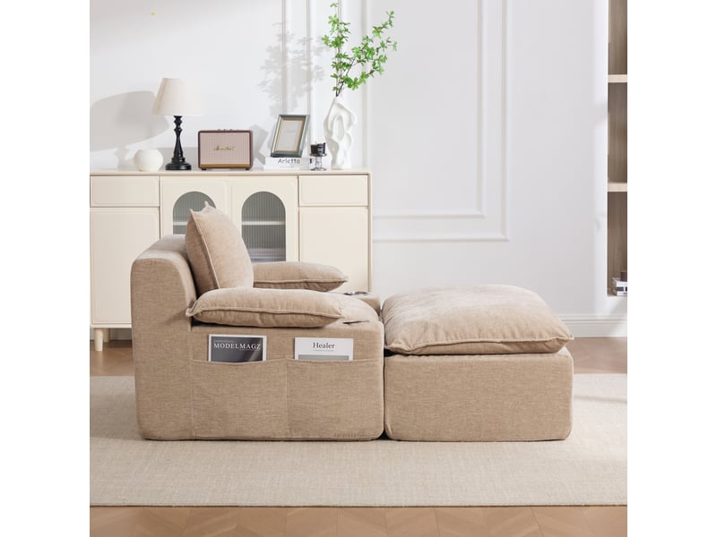  Chaise longue en chenille – 4 coussins – porte-gobelet – sans montage – kaki clair  - Conforama D