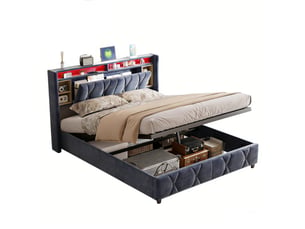 Lit coffre 140x200 cm avec tête de lit - leds rgb - velours gris - prises usb et type-c - sommier à lattes et espace de rangement hydraulique