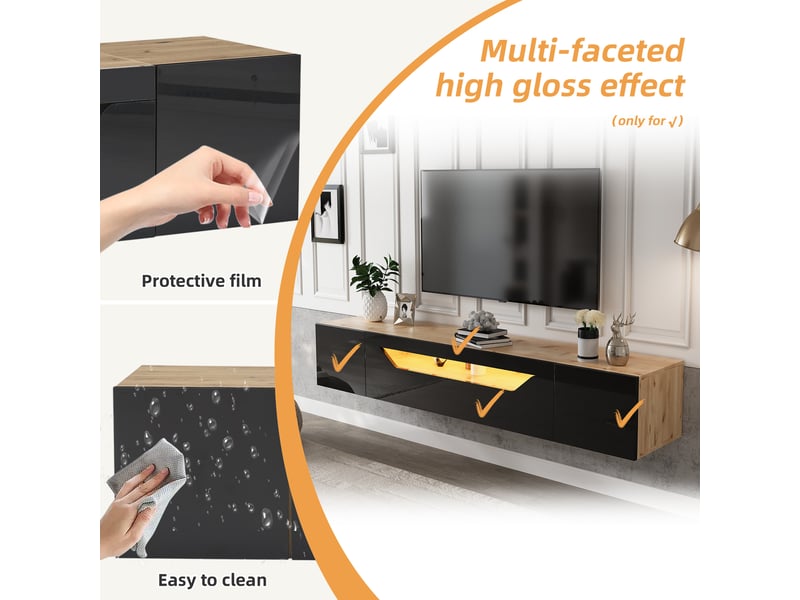 Meuble tv suspendu 180 cm avec led, façade brillante noire et bois naturel, 3 rangements, pour téléviseur jusqu’à 75 pouces - Conforama W
