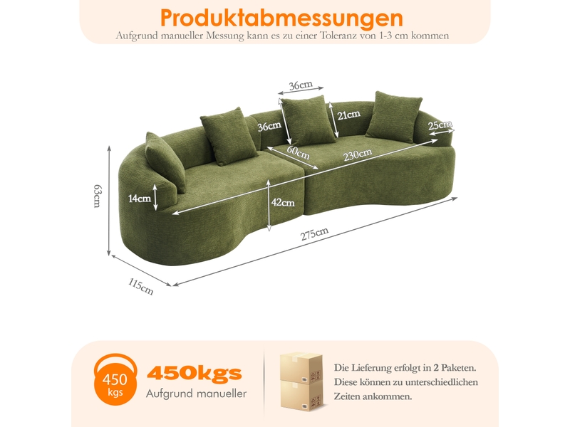 Canapé modulable incurvé,275x115x63 cm,4 places sans montage,chenille,vert - Conforama C