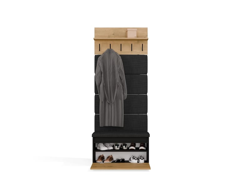  Lior - Meuble d'entrée portemanteau avec meuble à chaussures - 80x202,5x35 cm – Noir / Chêne artisan  - Conforama D