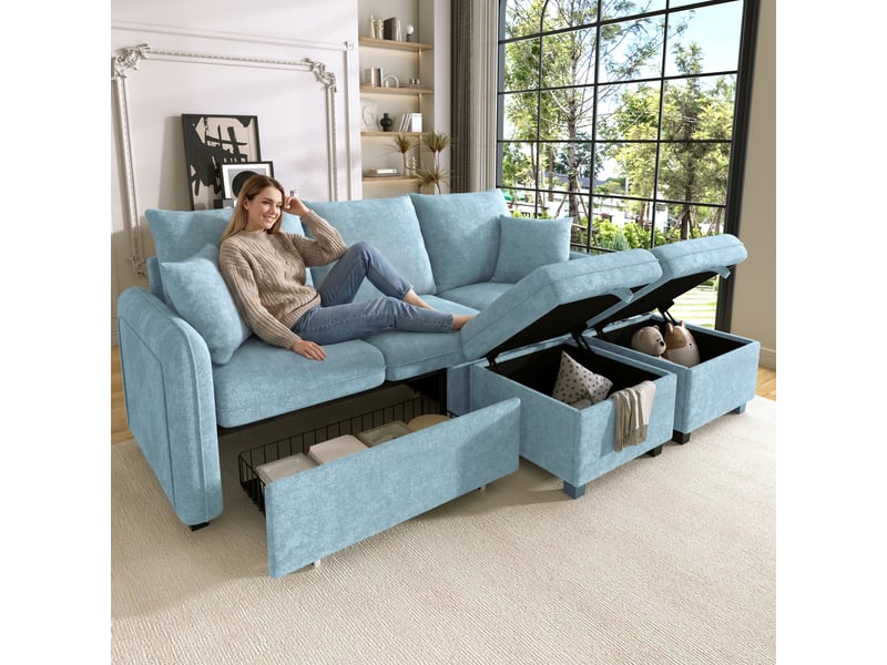  Canapé d’angle convertible 188 cm en u 3 places canapé modulable séparable avec rangement, tiroirs, pouf coffre, fonction lit, chenille bleu OPULERANE TRADING LTD - Conforama B
