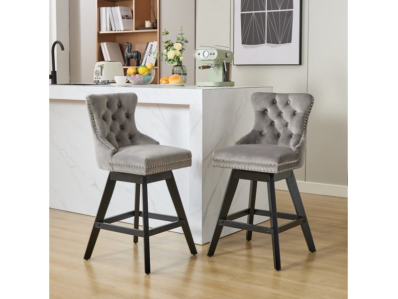 Tabouret de bar pivotant en velours gris avec dossier courbé cravdom - Conforama B