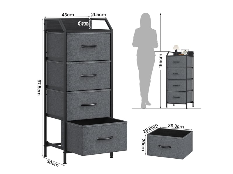  Chiffonnier meuble 43x30x98 cm quatre tiroirs tissu marron rustique et metal noir  - Conforama C