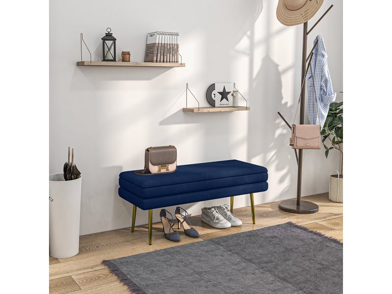  Banc banquette coffre de rangement 2 en 1 assise aspect velours et acier pieds - 100 x 37,5 x 42 cm bleu et doré  - Conforama D