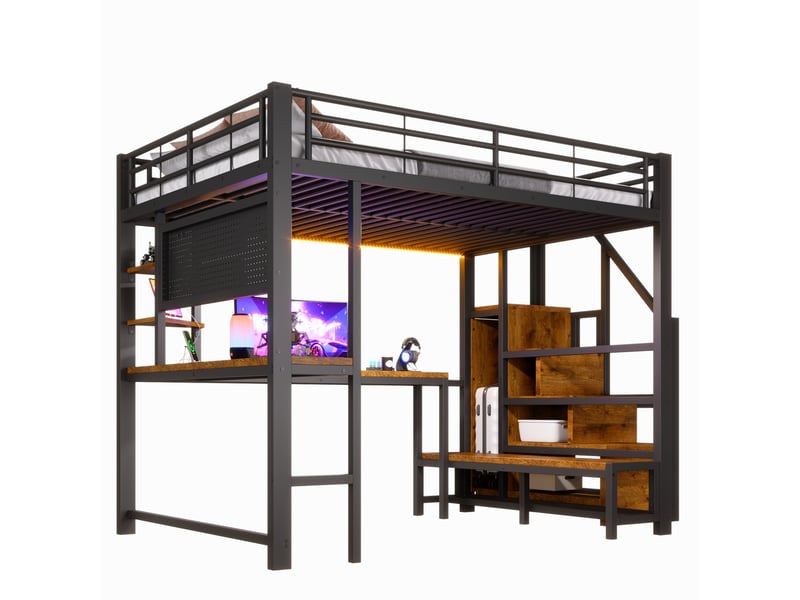  Lit mezzanine 140 × 200 cm 2 places avec bureau, rangements, led, usb et usb-c, sans matelas, métal noir  - Conforama A