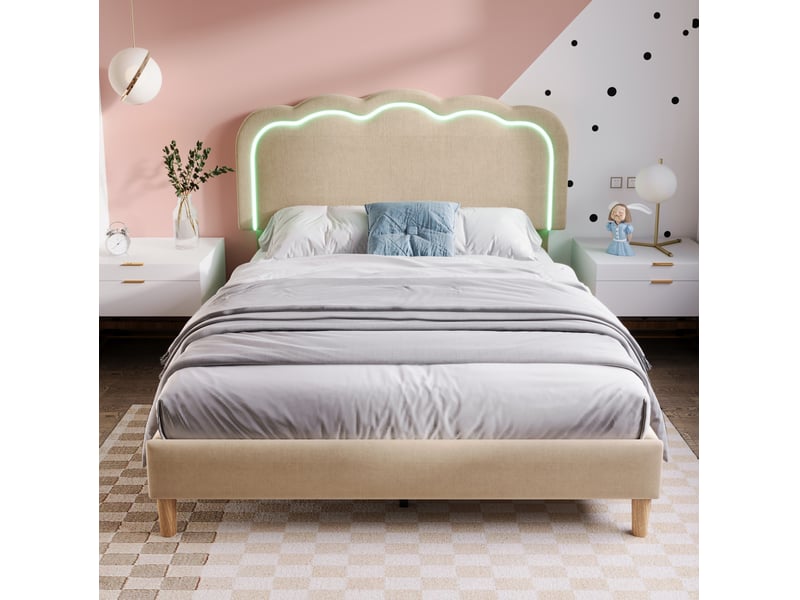  Lit double 140 x 200 cm en lin avec led, sommier et tête de lit réglable beige  - Conforama E