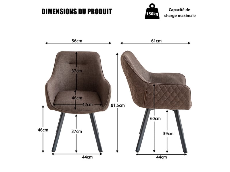  Lot de 6 chaises pivotante à 360°, chaise salle à manger moderne, chaises à haut dossier en motif en losanges, cuisine en lin, marron foncé  - Conforama E