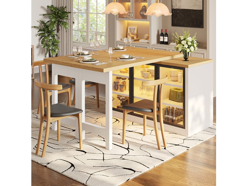  Buffet de cuisine modenvie pivotant et extensible 120-197 cm avec système d'éclairage multicolore, mdf et verre, blanc  - Conforama E