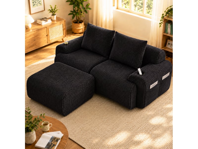  Canapé modulaire 2 places en velours côtelé noir avec poufs, porte-gobelets et poche latérale de rangement  - Conforama B