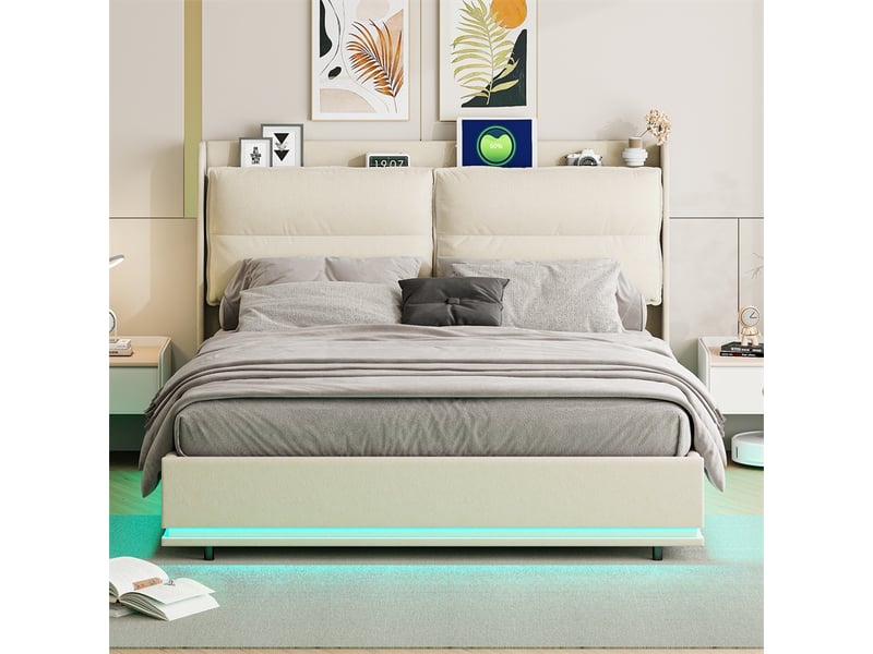  Lit 160x200cm - lit coffre 160x200cm - tête de lit de rangement, chargeur sans fil et led autour du lit - velours beige  - Conforama C