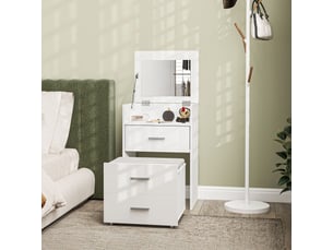 Coiffeuse avec miroir relevable et tabouret à roulettes, table de maquillage avec 2 tiroirs, coussin amovible, blanc