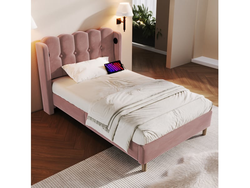 Lit simple 90x200 cm en velours rose avec sommier à lattes et ports usbusb-c - Conforama C