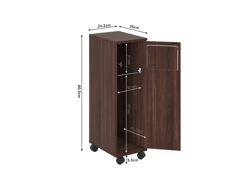  Meuble poubelle roulant 24,2 x 35,1 x 80,2 cm marron mdf, porte 180 degrés et roulettes verrouillables  - Conforama C