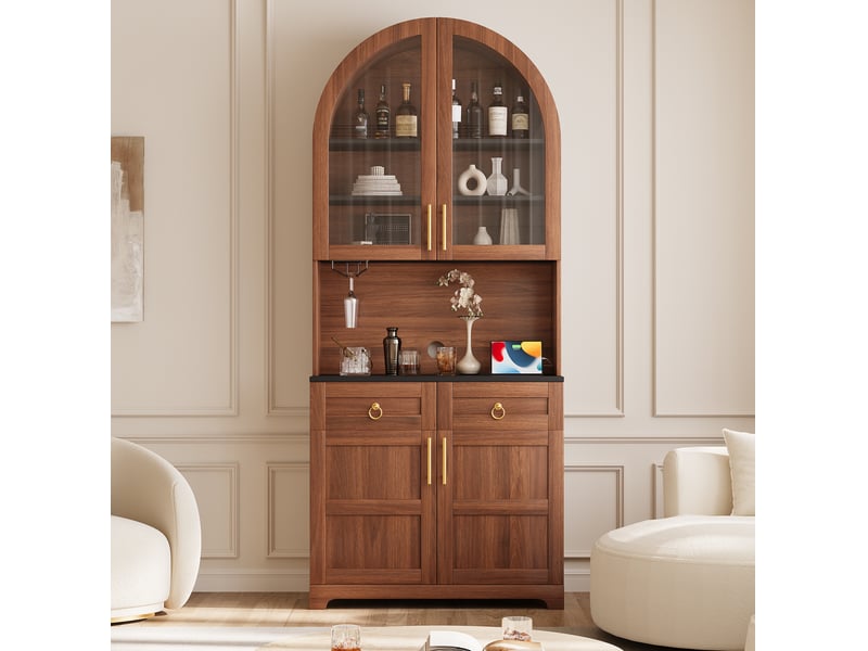 Buffet 80x40x180 cm avec vitrine en verre cintrée, éclairage led, prise intégrée et usb, 2 tiroirs, mdf, noyer - Conforama B