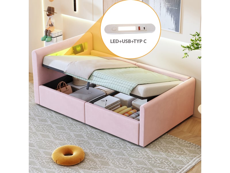  Lit enfant coffre 90 x 200 cm avec led, veilleuse, usb et rangement hydraulique, velours rose Fay Lum - Conforama D
