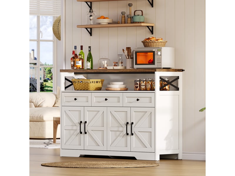 Buffet 140x35x95 cm avec rangement spacieux, 3 tiroirs et 2 portes, design rustique moderne, mdf, marron et blanc - Conforama W