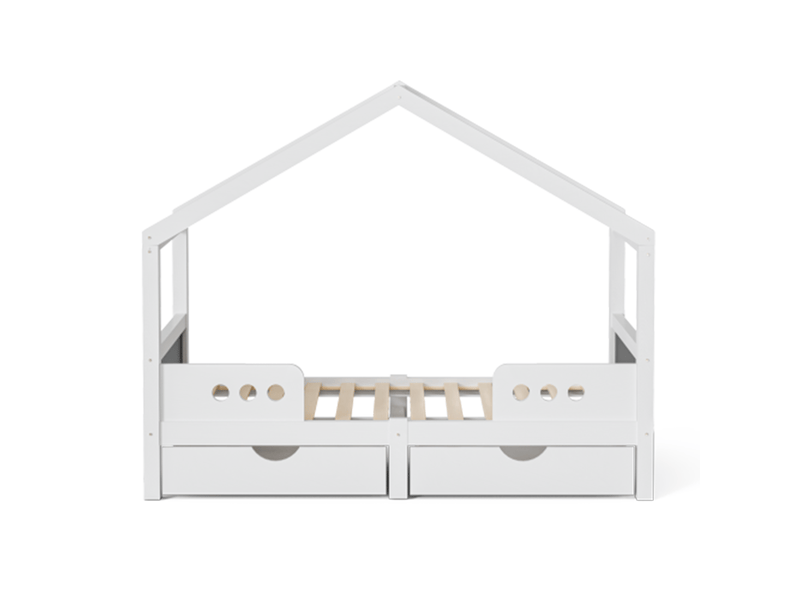 Lit cabane enfant toit 2 grands tiroirs cadre bois mdf vernis uv inodore charge max 120 kg adapté matelas 90x200 cm blanc  - Conforama E