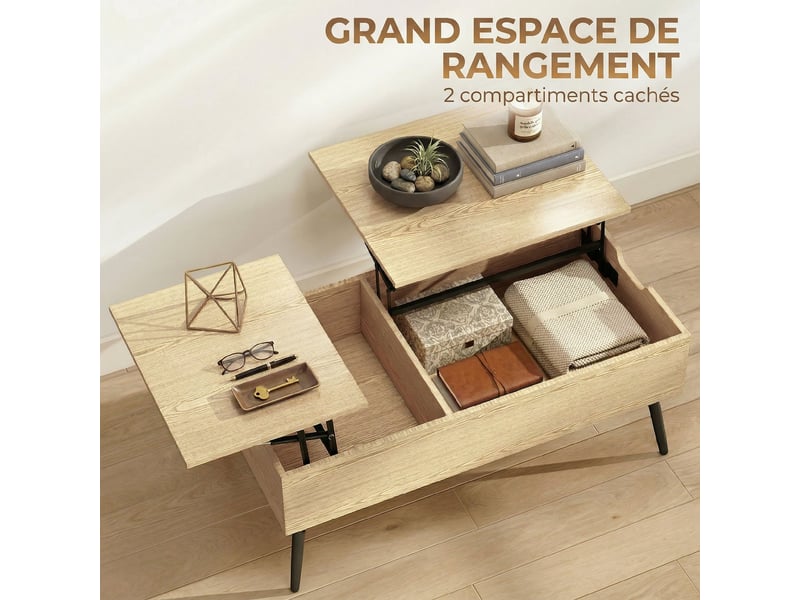  Table basse relevable avec double plateau, bois naturel, table de salon avec compartiment caché et pieds en métal  - Conforama E