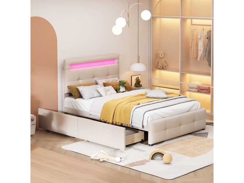  Lit enfant 90x200 cm avec éclairage led multicolore - lit capitonné - 2 tiroirs de rangement, tissu en lin beige, sommier inclus  - Conforama A