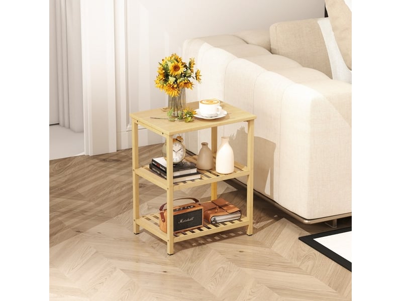  Table d'appoint en bambou à 3 niveaux avec étagères ajourées, compacte pour salon et chambre  - Conforama D