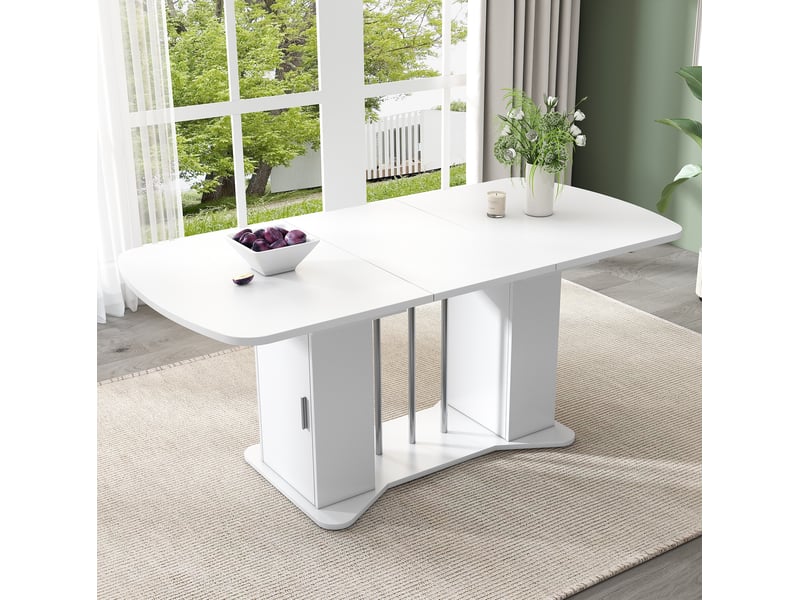  Table à manger extensible 120160x80 cm avec rangement en mdf blanc et pieds argentés  - Conforama C