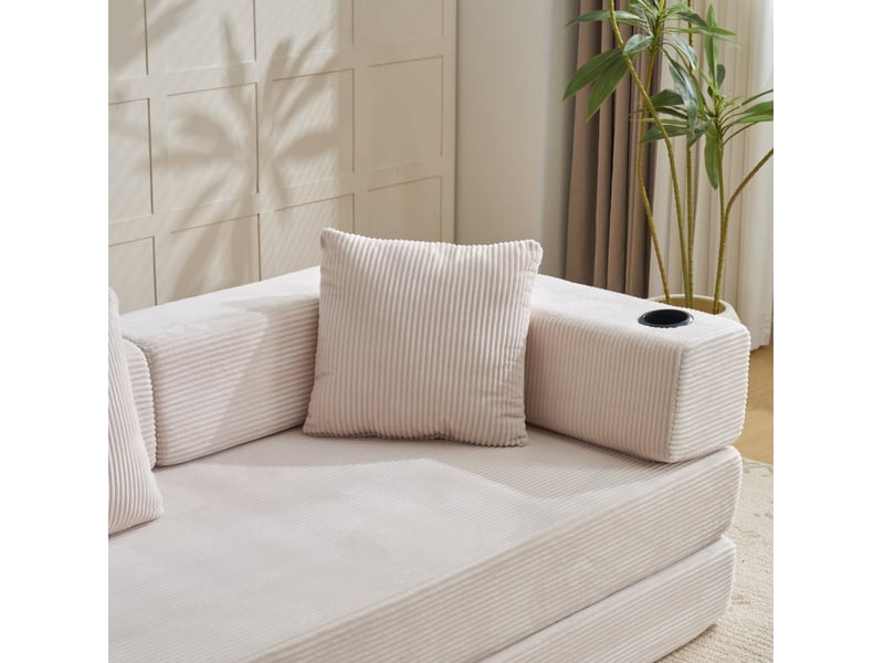  Canapé-lit convertible 185x92,5x60 cm en velours côtelé blanc  - Conforama D