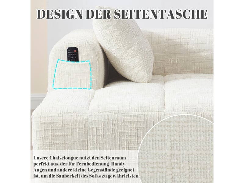 Canapé méridienne beige en chenille avec coussin inclus, poches latérales et assise moelleuse  - Conforama R