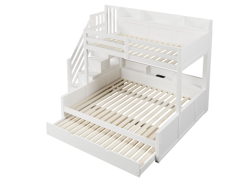  Lit superposé 90x200cm + 140x200cm - avec lit gigogne - avec échelle de rangement et port usb - mdf - blanc (sans matelas)  - Conforama W