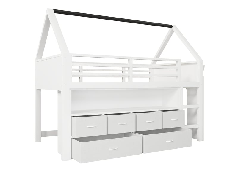 Lit mezzanine enfant 90x200 cm blanc mdf et pin, 6 tiroirs tissu, rideau latéral et led - Conforama D