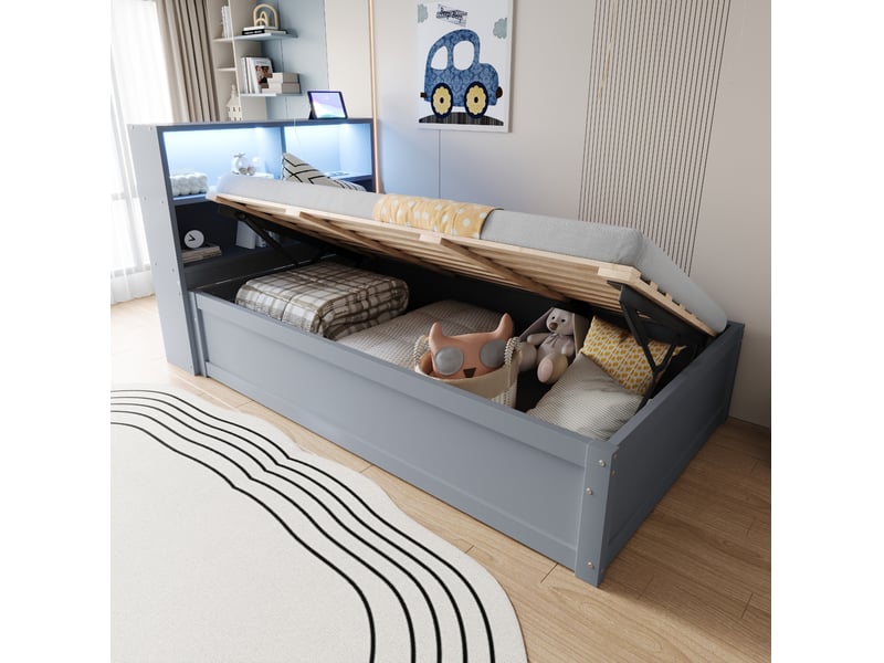  Lit multifonction 90x200 cm, bois, prises, rangements et bande éclairage led, gris, sans matelas  - Conforama D