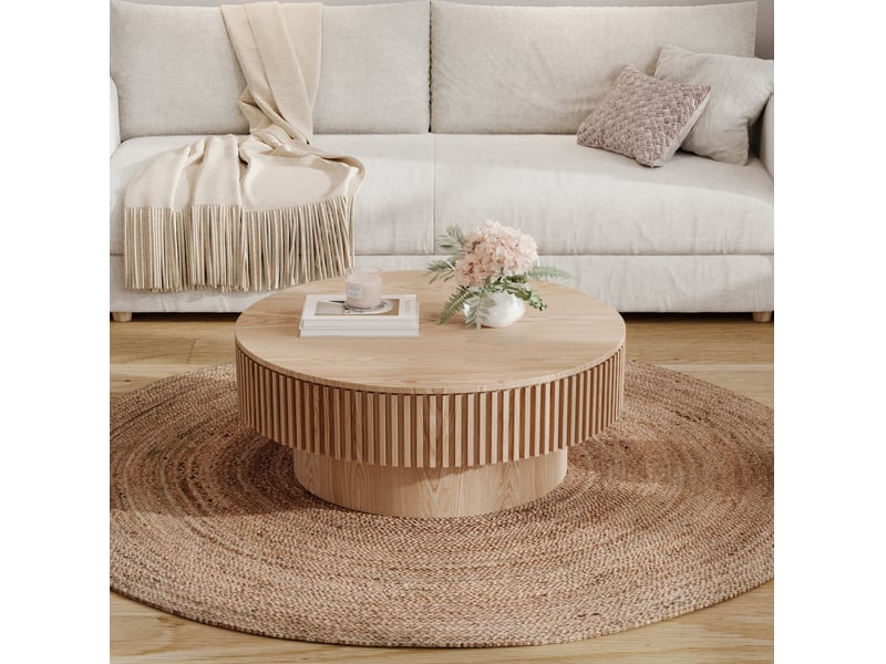  Table basse ronde avec rangement, bois naturel, 75 x 75 x 35 cm  - Conforama C