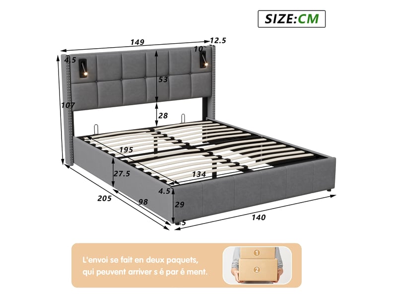  Lit coffre 140x200 cm avec sommier, avec usb et type-c, lit double avec sommier à lattes, gris  - Conforama D