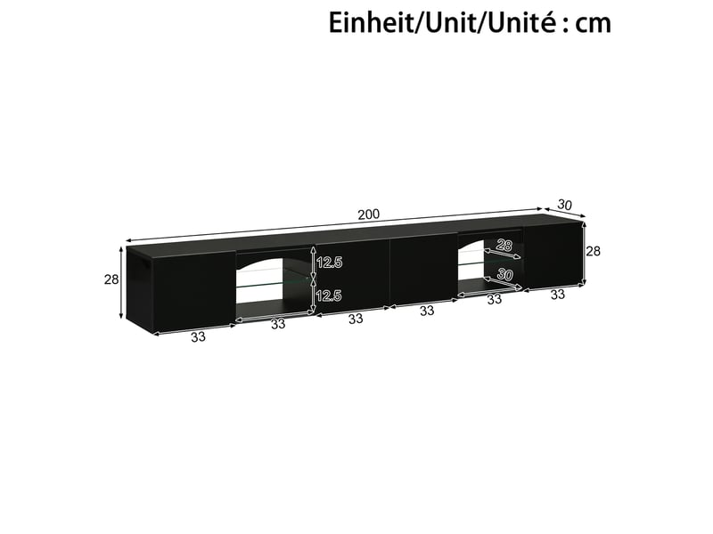  Meuble tv 200x30x28 cm, banc tv, meuble télévision, salon, éclairage led, 4 portes, portes vitrées, niches ouvertes, panneaux de particules, noir CozyNest - Conforama C